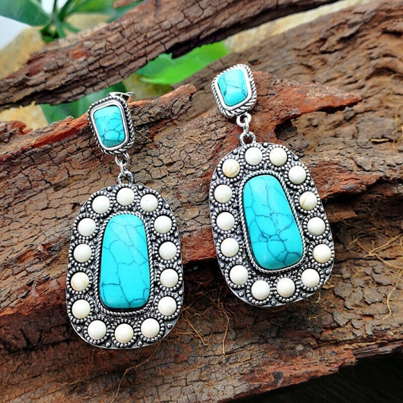 Turkish Natural Silver Turquoise Earrings - Picture 1 of 3